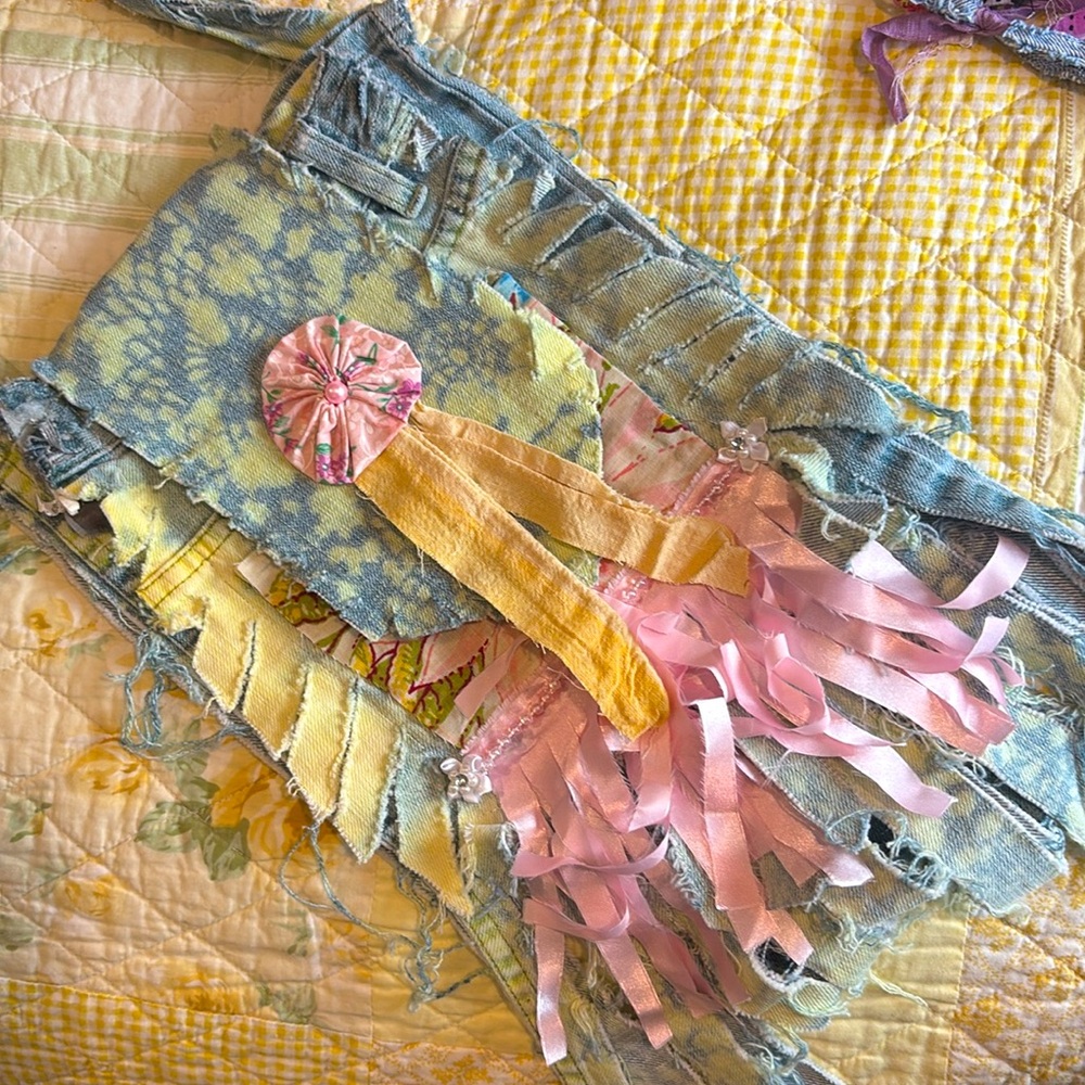 Handmade BoHo blue jean shoulder bag. One of a kind.